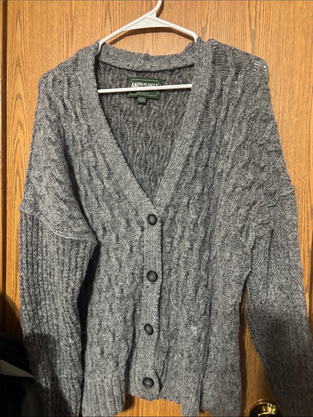 American Eagle Outfitters Gray Cable-Knit Button Front Cardigan